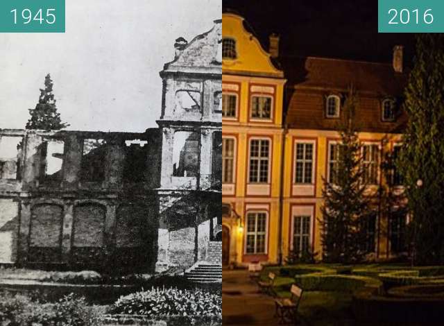 Before-and-after picture of Abbot's Palace in Oliwa between 1945 and 2016