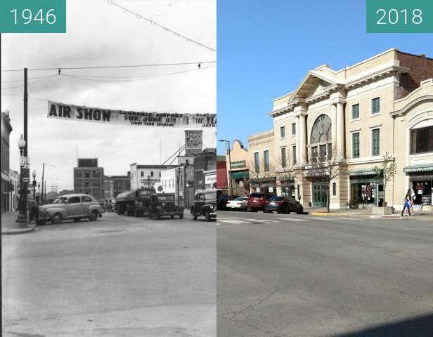 Before-and-after picture of Jayhawker Theater/Liberty Hall between 1946 and 2018-Apr-17