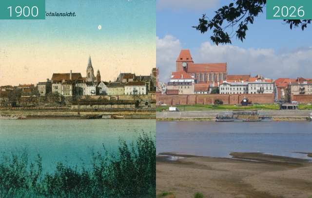 Before-and-after picture of Toruń, view from the banks of the Vistula River between 1905 and 07/2026