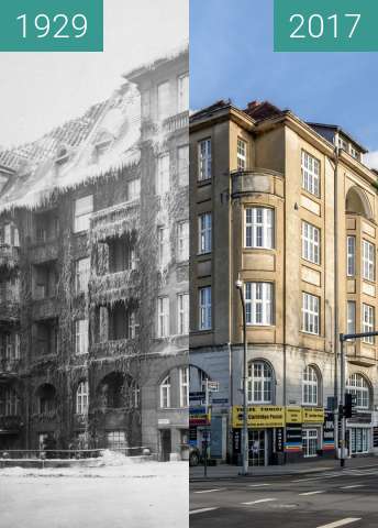 Before-and-after picture of Narożnik ulicy Libelta oraz alei Niepodległości between 1929 and 2017