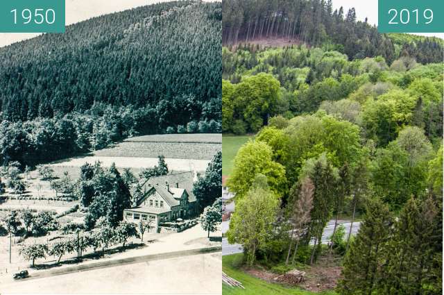 Before-and-after picture of Gasthaus zum Dörenberg between 1950 and 2019-May-09