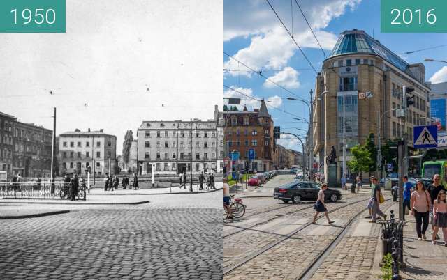 Before-and-after picture of Plac Wiosny Ludów between 1950 and 2016