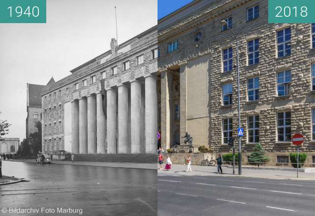 Before-and-after picture of Aleja Niepodległości between 1940 and 2018