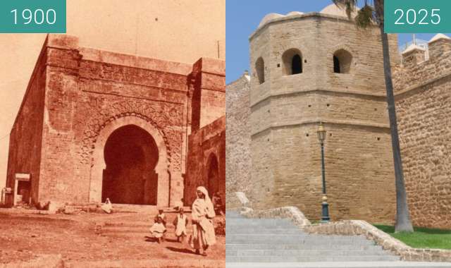 Before-and-after picture of Kasbah des Udayas between 1900 and 05/2025