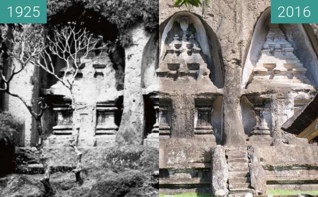 Before-and-after picture of Shrines on the West Side of Pura Gunung Kawi between 1925 and 2016-Jun-15
