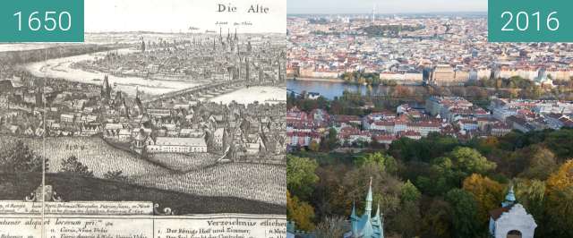 Before-and-after picture of Prague from Petřín Hill/Petřín Lookout Tower between 1650 and 2016-Nov-01