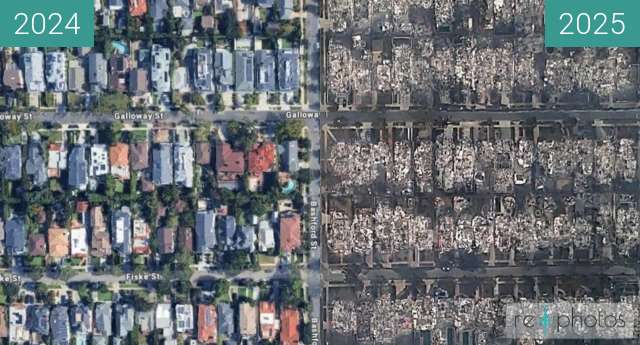 Before-and-after picture of Pacific Palisades Feuer between 2025-Jan-03 and 2025-Jan-10