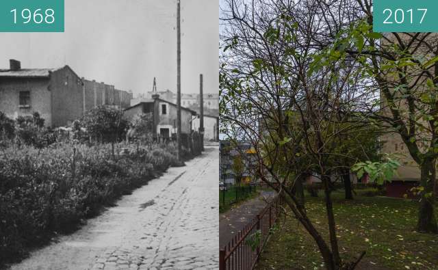 Before-and-after picture of Ulica Kuźnicza w kierunku Kosynierskiej between 1968 and 2017
