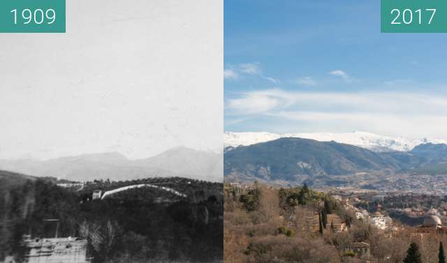 Before-and-after picture of View from the Torre de la Vela in the Alhambra between 1909 and 2017-Jan-31