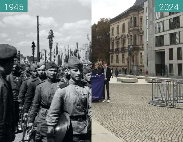 Image avant-après de Red Army marching past Reichstag and today entre 20/05/1945 et 10.2024