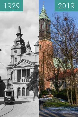 Before-and-after picture of Ostrów Tumski, Bazylika Archikatedralna św. Piotra between 1929 and 2019-Jan-31