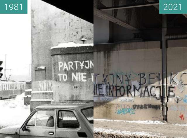 Before-and-after picture of Ulica Nowowiejskiego, wiadukt kolejowy between 1981 and 2021