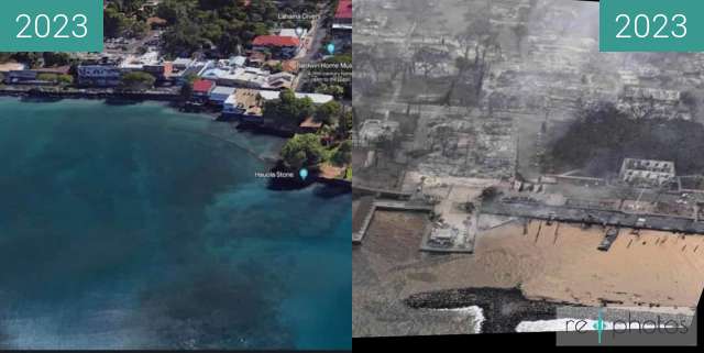 Before-and-after picture of Lahaina between 2023 and 2023