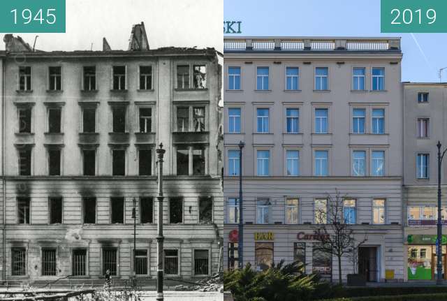 Before-and-after picture of Plac Wolności, hotel Rzymski between 1945 and 2019-Jan-16