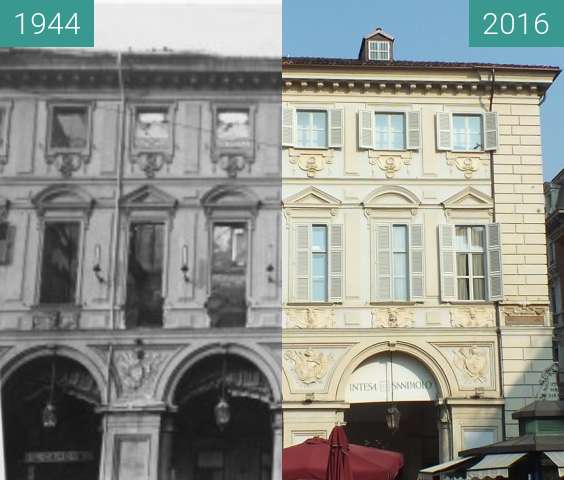 Before-and-after picture of Bombed palace in Turin between 1944 and 2016
