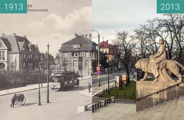 Before-and-after picture of Ulica Fredry, widok ze schodów opery between 1913 and 2013