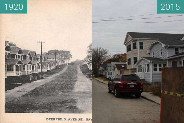 Before-and-after picture of Deerfield Avenue, Bayview Beach between 1920 and 2015