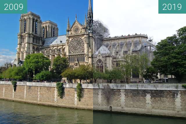 Image avant-après de Notre-Dame après l'incendie entre 28/04/2009 et 05/05/2019