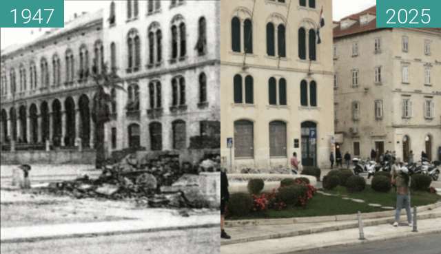 Before-and-after picture of Blowing up the Bajamonti Fountain in Split between 1947 and 10/2025