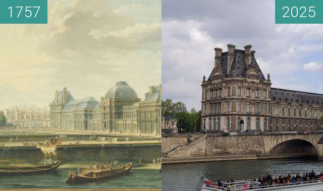 Before-and-after picture of château des Tuileries between 1757 and 2025-Apr-13