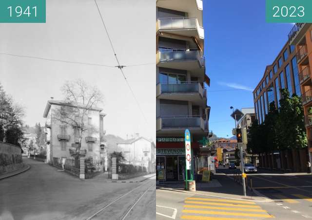 Before-and-after picture of Incrocio via Trevano e via Castausio - Lugano between 1941 and 2023