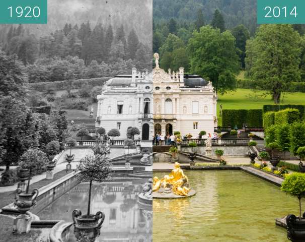 Vorher-Nachher-Bild von Schloss Linderhof zwischen 1920 und 26.07.2014