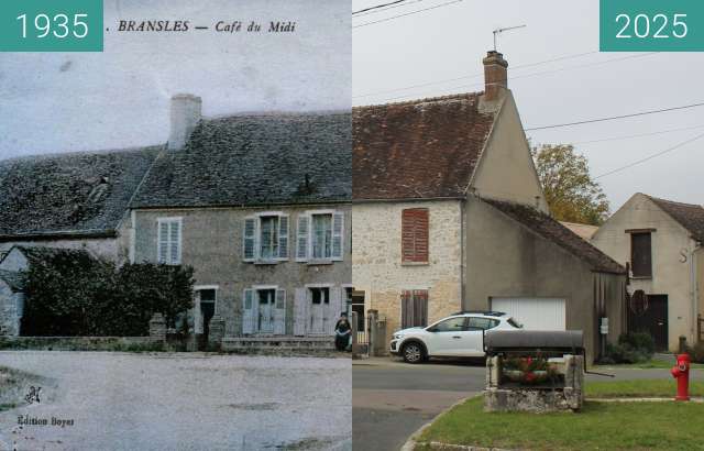 Image avant-après de Bransles - café du Midi depuis la rue St Loup entre 1935 et 12/10/2025
