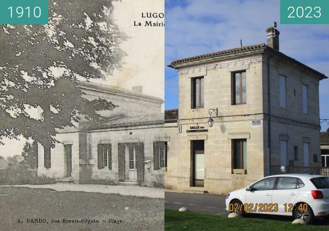 Before-and-after picture of La mairie de Lugon between 1910 and 2023-Feb-02