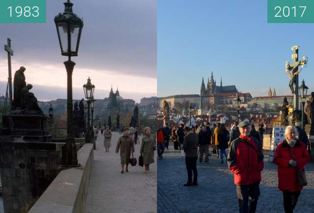 Before-and-after picture of Prager Burg von der Karlsrbrücke aus gesehen between 1983-Oct-01 and 2017-Nov-14