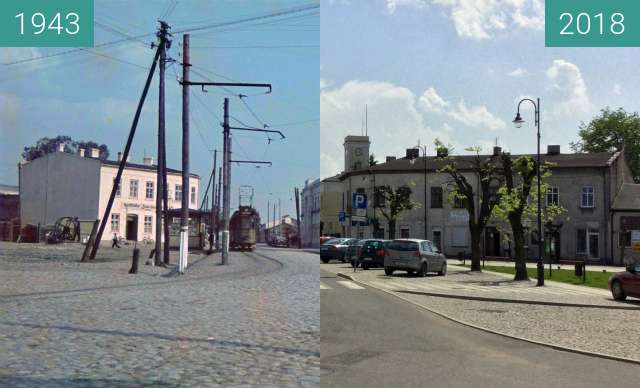 Image avant-après de Tuszyn (Tuschin) main Square entre 1943 et 29/04/2018