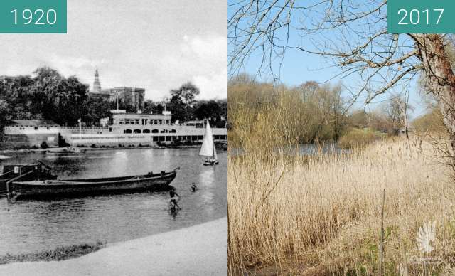 Before-and-after picture of View with old riverbed of Odra, RuderclubNeptun between 1920 and 2017
