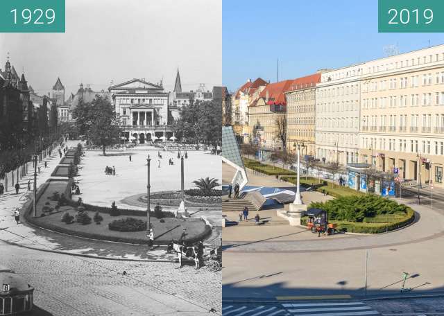 Before-and-after picture of Plac Wolności z balkonu hotelu Bazar between 1929 and 2019-Feb-16