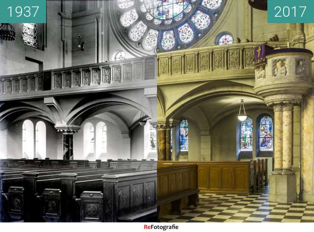 Before-and-after picture of Ewangelicki Kościół św. Mateusza w Łodzi - wnętrze between 1937 and 2017-Mar-21
