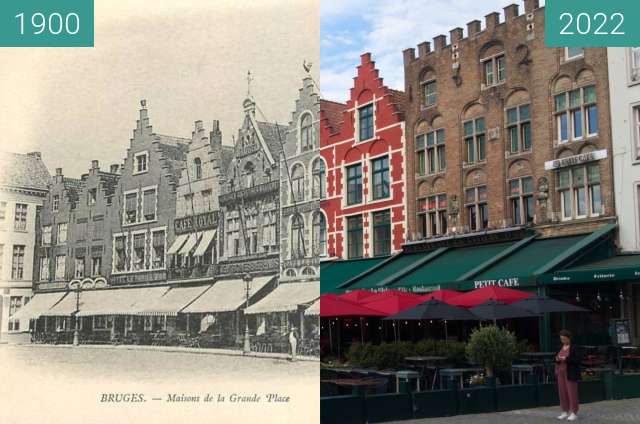 Before-and-after picture of Grote Markt, Bruges between 1900 and 10/2022