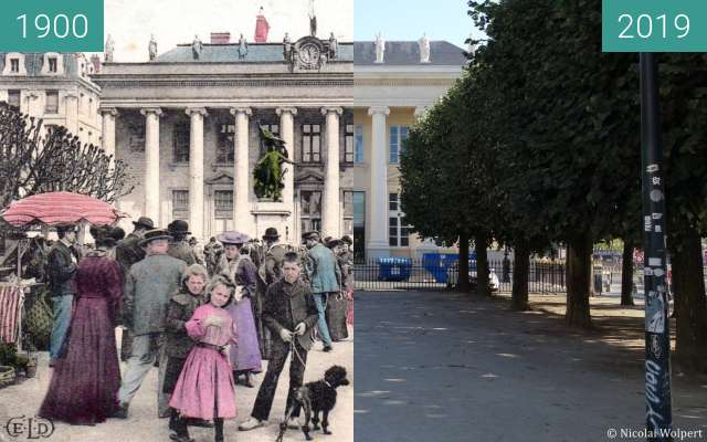 Before-and-after picture of Place de la Bourse between 1900 and 2019-Sep-16