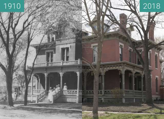Before-and-after picture of Simmons Hospital between 1910-Apr-07 and 2018-Apr-17
