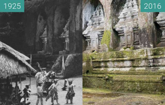 Before-and-after picture of Barong Dance at East Side of Pura Gunung Kawi between 1925 and 2016-Jun-15