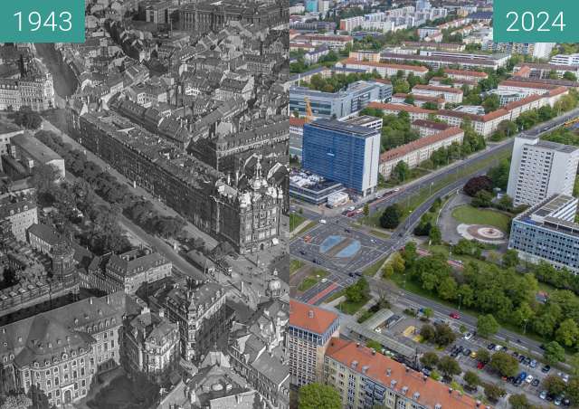 Vorher-Nachher-Bild von Pirnaischer Platz 1943 zwischen 1943 und 22.04.2024