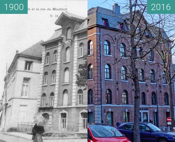 Before-and-after picture of Rue du moulin between 1900 and 2016