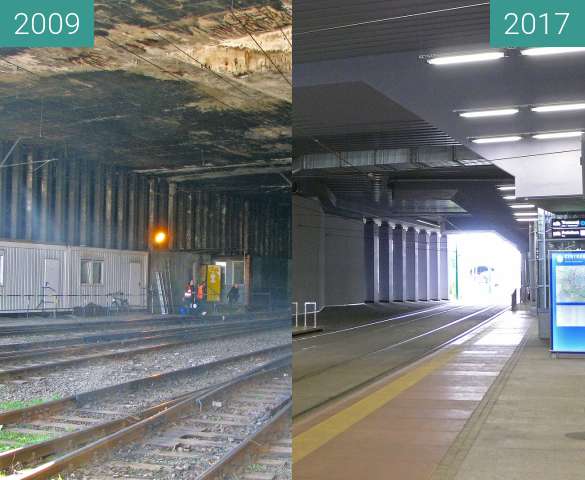 Before-and-after picture of Rondo Kaponiera Poznań. Stacja tramwajowa PST. between 2009 and 2017