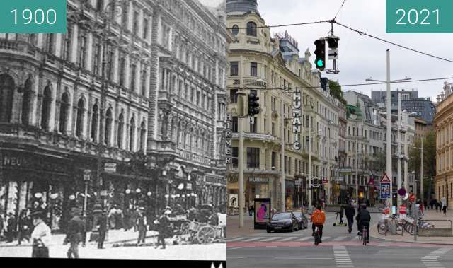 Before-and-after picture of Mariahilferstraße between 1900 and 2021-May-02