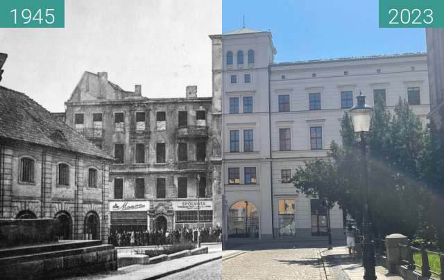 Before-and-after picture of Ludgarda Street between 1945 and 2023-Aug-15