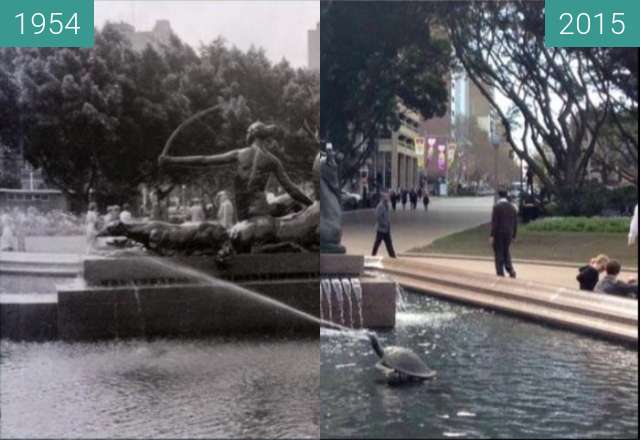 Before-and-after picture of Hyde Park's Archibald Fountain between 1954 and 2015