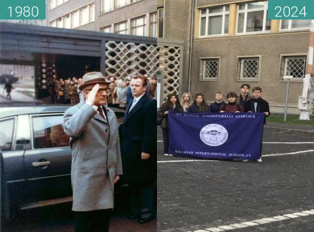 Before-and-after picture of Honecker and Mielke outside Stasi HQ and today between 1980-Feb-08 and 2024-Oct-04
