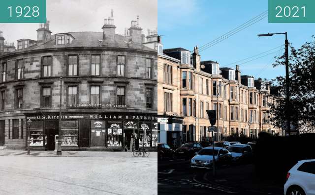 Before-and-after picture of Corner of Nithsdale Street and Kenmure Street between 1928 and 2021-May-02