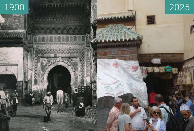 Before-and-after picture of Place Nejjarine between 1920 and 05/2025