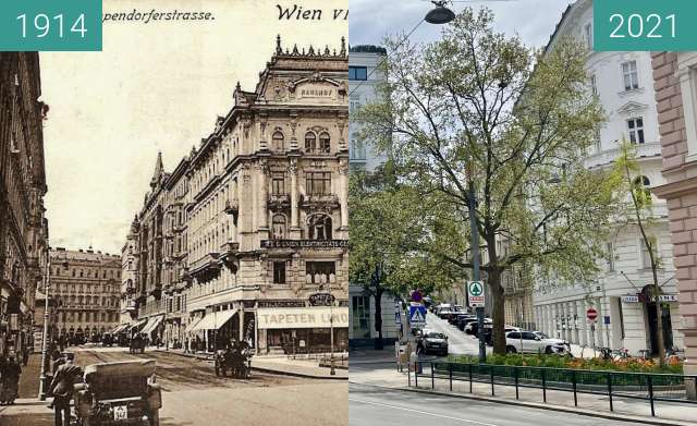 Before-and-after picture of Theobaldgasse, Gumpendorferstraße between 1914 and 05/2021