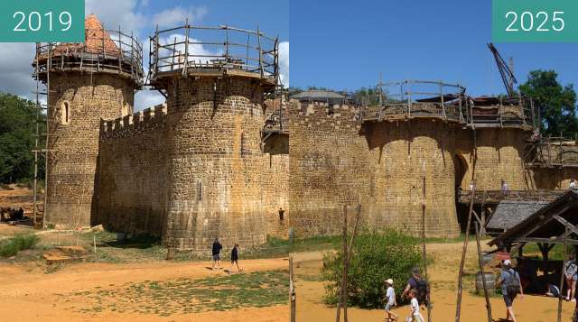 Before-and-after picture of Château de Guédelon between 2019-Aug-19 and 2025-May-30