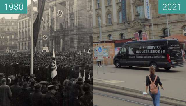 Before-and-after picture of Karlsruhe, Europaplatz between 1930 and 2021-Sep-09
