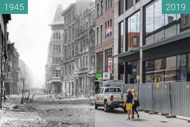 Before-and-after picture of Ulica Półwiejska between 1945 and 2019